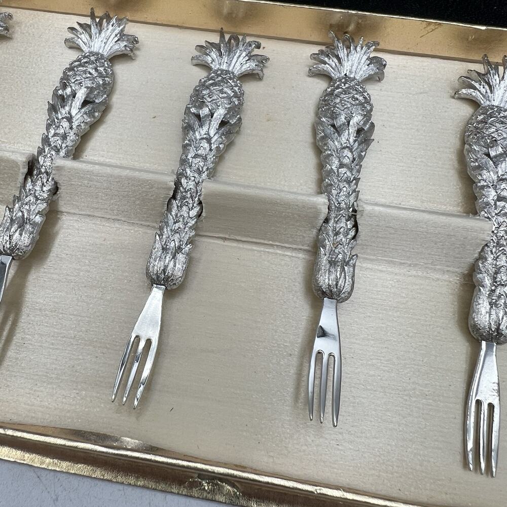 Set 6 Vintage Silver Plated Pineapple Oyster Appetizer Fork Janis Collection 4"